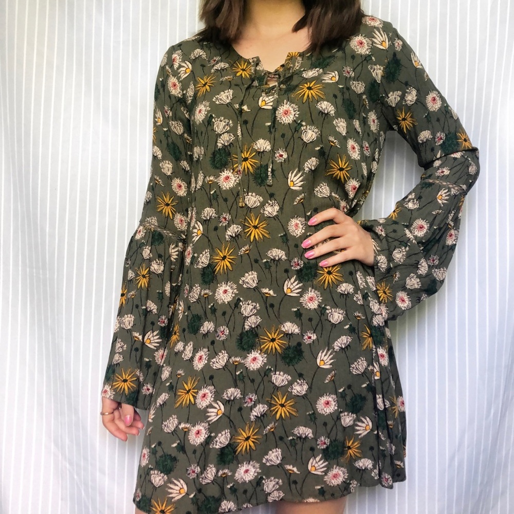 Olive green floral print tie front dress